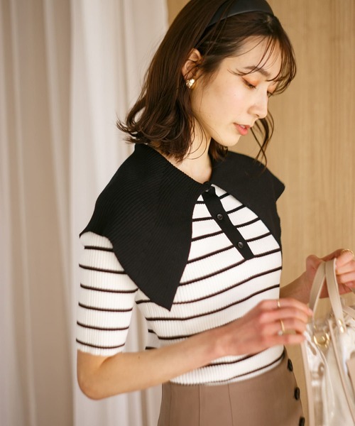 HEYUMM（ヘユム）の「ラッフルカラーコンパクトセーター(5分袖)（ニット/セーター・レディース・オフホワイト/ホワイト系その他/ライトピンク・ONE）」の3枚目の写真