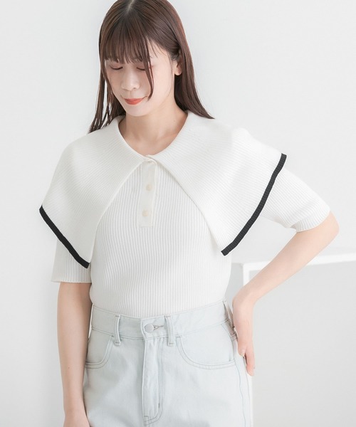 HEYUMM（ヘユム）の「ラッフルカラーコンパクトセーター(5分袖)（ニット/セーター・レディース・オフホワイト/ホワイト系その他/ライトピンク・ONE）」の2枚目の写真