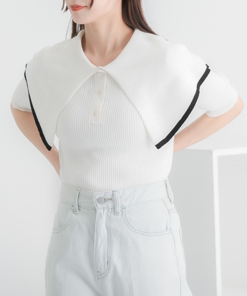 HEYUMM（ヘユム）の「ラッフルカラーコンパクトセーター(5分袖)（ニット/セーター・レディース・オフホワイト/ホワイト系その他/ライトピンク・ONE）」の11枚目の写真