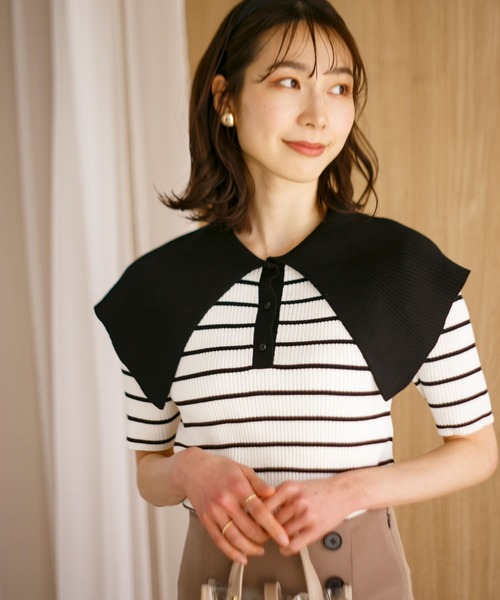 HEYUMM（ヘユム）の「ラッフルカラーコンパクトセーター(5分袖)（ニット/セーター・レディース・オフホワイト/ホワイト系その他/ライトピンク・ONE）」の5枚目の写真