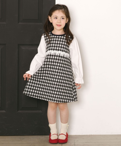 trois lapins kp（トロワラパンケーピー）の「Wジャガードギンガムチェック ワンピース(100~160cm)（ワンピース・キッズ・ブラック・100cm/110cm/120cm/130cm/140cm/150cm/160cm）」の3枚目の写真