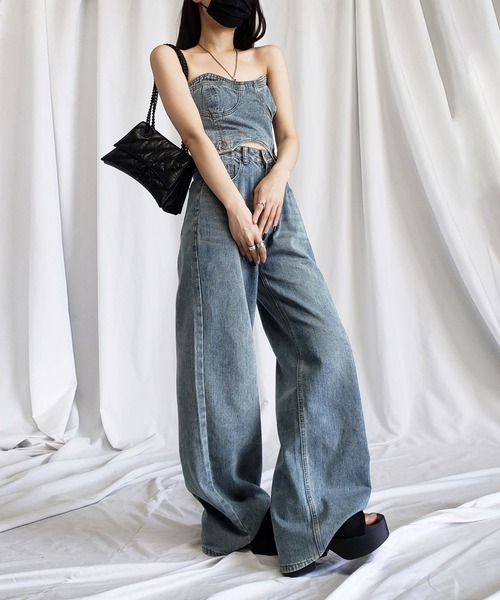 me+em select（ミームセレクト）の「【 デニムセットアップ 】デニムビスチェ＋ ハイウエストワイドデニム SET（セットアップ・レディース・ダークブルー・SMALL/MEDIUM/LARGE）」の9枚目の写真