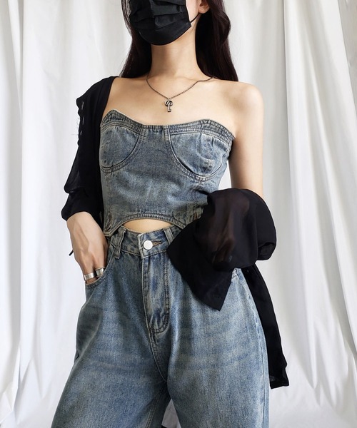 me+em select（ミームセレクト）の「【 デニムセットアップ 】デニムビスチェ＋ ハイウエストワイドデニム SET（セットアップ・レディース・ダークブルー・SMALL/MEDIUM/LARGE）」の20枚目の写真