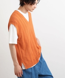 a.v.v | 【洗濯機で洗える/2SET】透かし編ニットベスト(レイヤードカットソー付き)(ベスト)