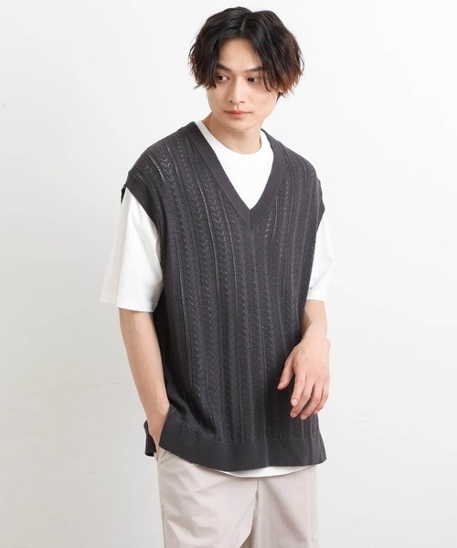 a.v.v（アーヴェヴェ）の「【洗濯機で洗える/2SET】透かし編ニットベスト（レイヤードカットソー付き）（ベスト・メンズ・オレンジ/アイボリー/チャコールグレー・46/44/48/50）」の15枚目の写真