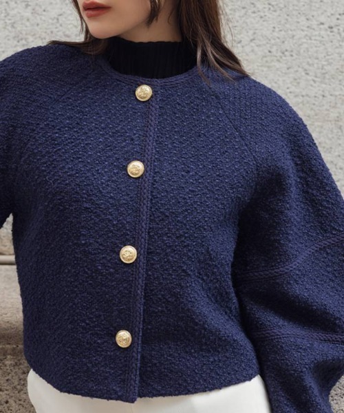 AMBIENT（アンビエント）の「ﾂｲｰﾄﾞｼﾞｬｹｯﾄ（ノーカラージャケット・レディース・ネイビー/オフホワイト/グリーン・S/M）」の7枚目の写真