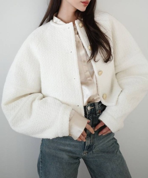 AMBIENT（アンビエント）の「ﾂｲｰﾄﾞｼﾞｬｹｯﾄ（ノーカラージャケット・レディース・ネイビー/オフホワイト/グリーン・S/M）」の8枚目の写真