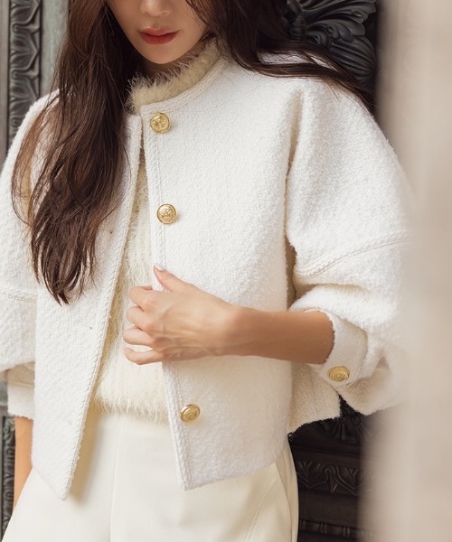 AMBIENT（アンビエント）の「ﾂｲｰﾄﾞｼﾞｬｹｯﾄ（ノーカラージャケット・レディース・ネイビー/オフホワイト/グリーン・S/M）」の10枚目の写真