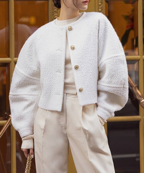 AMBIENT（アンビエント）の「ﾂｲｰﾄﾞｼﾞｬｹｯﾄ（ノーカラージャケット・レディース・ネイビー/オフホワイト/グリーン・S/M）」の11枚目の写真