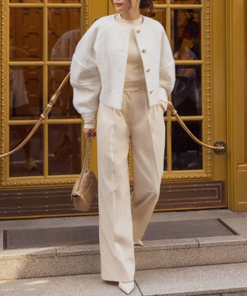 AMBIENT（アンビエント）の「ﾂｲｰﾄﾞｼﾞｬｹｯﾄ（ノーカラージャケット・レディース・ネイビー/オフホワイト/グリーン・S/M）」の12枚目の写真