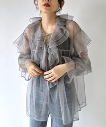 zootie | 【日常も、オケージョン もトレンドライクに。】 チュール ブラウス ボリュームフリル グリッターオーガンジー デコラティブブラウス 2024ss 新作アイテム(シャツ/ブラウス)