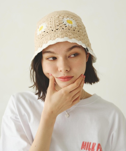 MILKFED.（ミルクフェド）の「FLORAL KNIT HAT（ハット・レディース・ブラック/ベージュ/ライトパープル・ONE SIZE）」の21枚目の写真