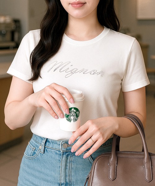 Julia Boutique（ジュリアブティック）の「MignonビジューロゴTシャツ/24010（Tシャツ/カットソー・レディース・イエロー/ホワイト/ピンク/ブラック・ONE）」の2枚目の写真