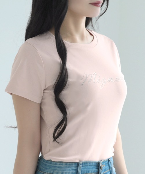 Julia Boutique（ジュリアブティック）の「MignonビジューロゴTシャツ/24010（Tシャツ/カットソー・レディース・イエロー/ホワイト/ピンク/ブラック・ONE）」の4枚目の写真