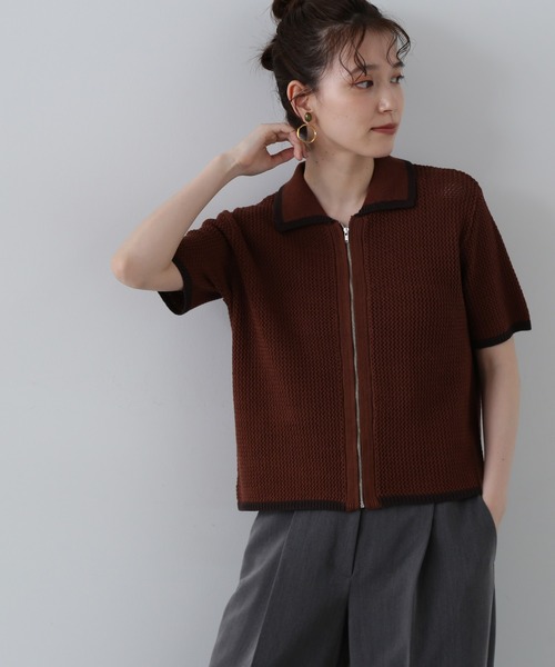 N.（N. Natural Beauty Basic）（エヌエヌナチュラルビューティーベーシック）の「◆バイカラーメッシュポロニットカーディガン（カーディガン/ボレロ・レディース・ホワイト系その他/ブラウン/バーガンディー・MEDIUM）」の2枚目の写真