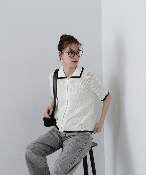 N.（N. Natural Beauty Basic）（エヌエヌナチュラルビューティーベーシック）の「◆バイカラーメッシュポロニットカーディガン（カーディガン/ボレロ・レディース・ホワイト系その他/ブラウン/バーガンディー・MEDIUM）」の8枚目の写真