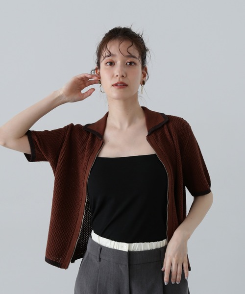 N.（N. Natural Beauty Basic）（エヌエヌナチュラルビューティーベーシック）の「◆バイカラーメッシュポロニットカーディガン（カーディガン/ボレロ・レディース・ホワイト系その他/ブラウン/バーガンディー・MEDIUM）」の16枚目の写真