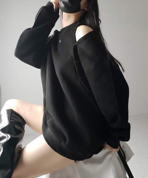 HBA ストライプカットアウトスウェット セール】【 3color 】オープンショルダーカットアウトオーバー