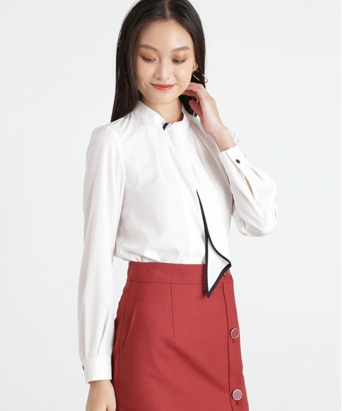 【全2色】タイ長袖ブラウス　ピンク　ブラック　t4541【elin-250508top1】( vdh )(250609) バイカラー クロスボウタイ 長袖 ブラウス 3L 4L 5L トップス