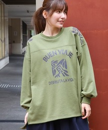 90s 花 刺繍 スウェット レトロ 古着 レディース 緑 グリーン フラワー USA製90sビンテージ古着 花柄刺繍襟付きスウェットトレーナー