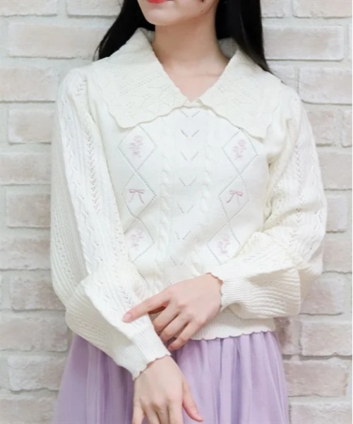 ブーケ刺繍ビッグ襟ニットプルオーバー（ニット/セーター）｜axes femme POETIQUE（アクシーズファムポエティック）