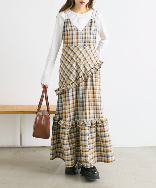 セール】【3色展開】アシメティアードチェックワンピース