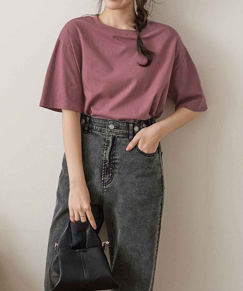 綿100％ラウンドヘム半袖オーバーサイズTシャツ（ショート丈）（T