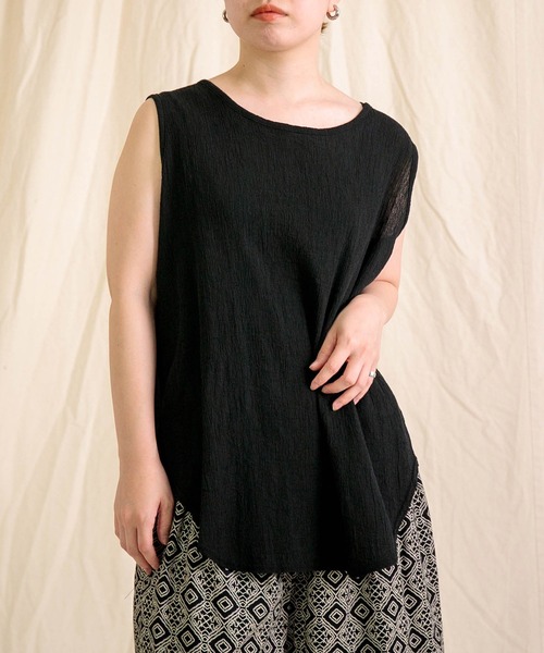 prit（プリット）の「[prit]  クレープロッキーバル ラウンドヘムノースリーブ（Tシャツ/カットソー・レディース・ホワイト/ブラック/ブラウン・FREE）」の2枚目の写真