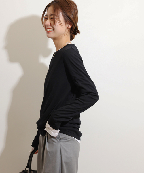 JOURNAL STANDARD relume（ジャーナルスタンダード　レリューム）の「《追加》ソフトテレコクルーネックロングTEE（Tシャツ/カットソー・レディース・グレー/ブラック/ホワイト・FREE）」の9枚目の写真