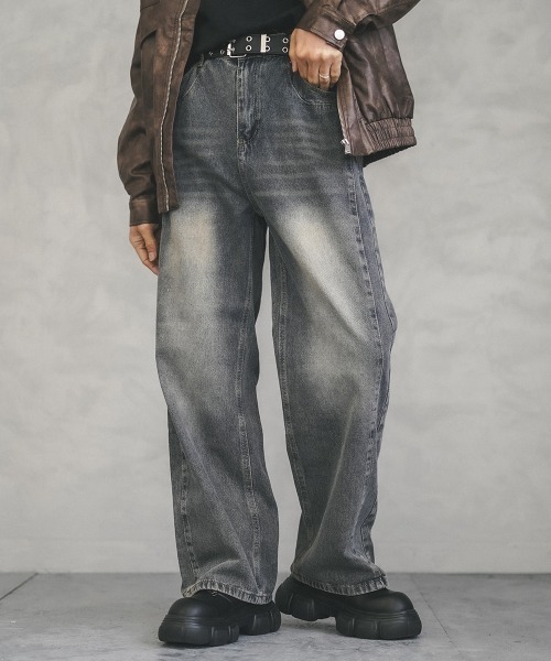 Shoowtime(ショウタイム)の「Vintage wash line wide denim pants / ビンテージウォッシュラインワイドデニムパンツ(デニムパンツ・メンズ・ブルー/ブラウン系・MEDIUM/LARGE/X-LARGE)」の2枚目の写真