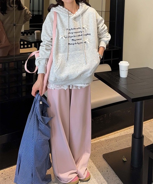 aimoha（アイモハ）の「フリル付きロゴパーカーデザイン（パーカー・レディース・ライトベージュ/ブルー/ピンク/ライトグレー・FREE）」の6枚目の写真