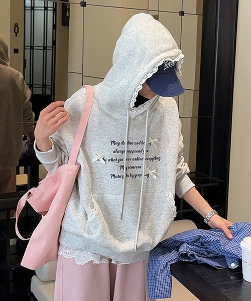 aimoha（アイモハ）の「フリル付きロゴパーカーデザイン（パーカー・レディース・ライトベージュ/ブルー/ピンク/ライトグレー・FREE）」の7枚目の写真