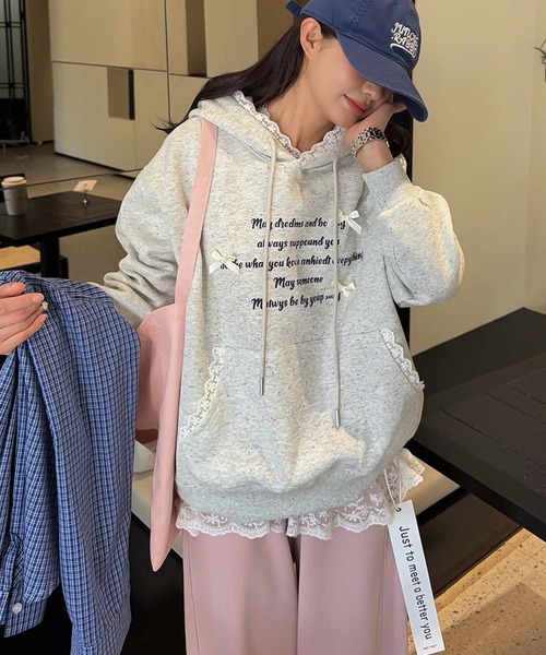 aimoha（アイモハ）の「フリル付きロゴパーカーデザイン（パーカー・レディース・ライトベージュ/ブルー/ピンク/ライトグレー・FREE）」の8枚目の写真