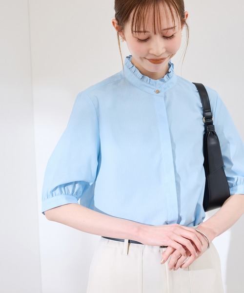 ROPE' PICNIC(ロペピクニック)の「【花粉ガード・防シワ】ハーフスリーブフリルシャツ(シャツ/ブラウス・レディース・ホワイト/ネイビー/ピンク/サックスブルー・38)」の1枚目の写真