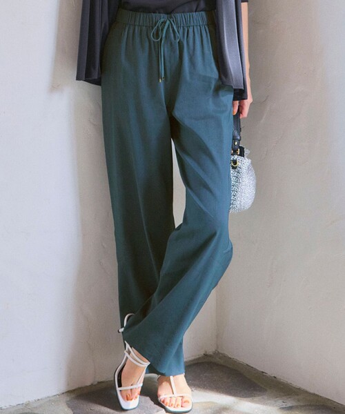 セール】【洗える】リネンレーヨンストレッチ ドロスト ワイド パンツ