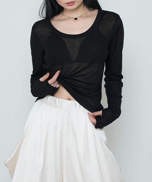 le ELMi(ルエルミ)の「Sheer ribbed U-neck pullover / シアーテレコUネックプルオーバー(Tシャツ/カットソー・レディース・ブラック/ホワイト/ネイビー/ピンク・FREE)」の2枚目の写真