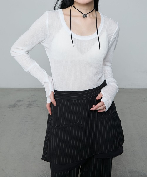 le ELMi(ルエルミ)の「Sheer ribbed U-neck pullover / シアーテレコUネックプルオーバー(Tシャツ/カットソー・レディース・ブラック/ホワイト/ネイビー/ピンク・FREE)」の14枚目の写真