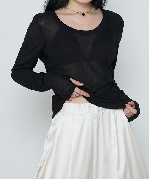 le ELMi(ルエルミ)の「Sheer ribbed U-neck pullover / シアーテレコUネックプルオーバー(Tシャツ/カットソー・レディース・ブラック/ホワイト/ネイビー/ピンク・FREE)」の16枚目の写真