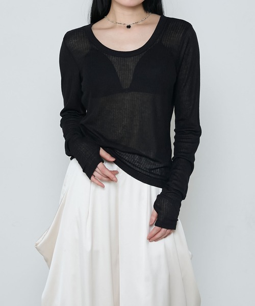 le ELMi(ルエルミ)の「Sheer ribbed U-neck pullover / シアーテレコUネックプルオーバー(Tシャツ/カットソー・レディース・ブラック/ホワイト/ネイビー/ピンク・FREE)」の18枚目の写真