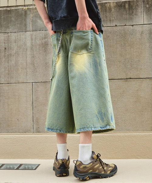SWAGVIBE】Vintage Make Double Knees Loose Fit Denim Shorts（デニム