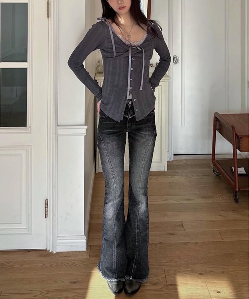 gossip！ロサンゼルス（ゴシップロサンゼルス）の「Y2K レースネックキャミ&2WAYボタンカーディガンSET（Tシャツ/カットソー・レディース・ブラック/グレー/ピンク・FREE）」の6枚目の写真