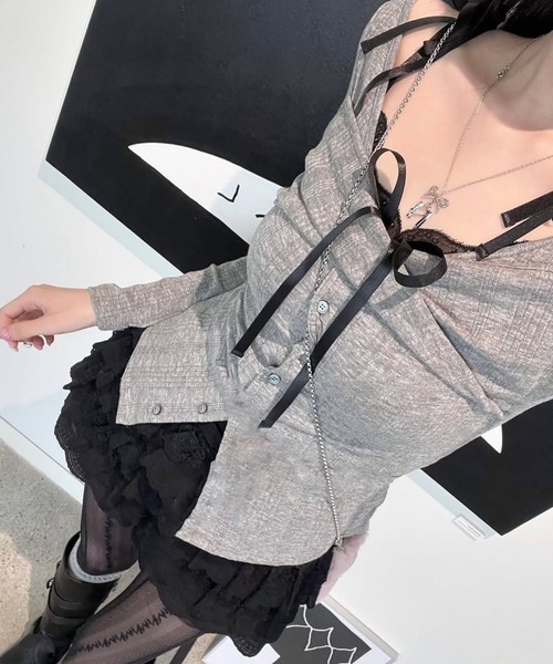 gossip！ロサンゼルス（ゴシップロサンゼルス）の「Y2K レースネックキャミ&2WAYボタンカーディガンSET（Tシャツ/カットソー・レディース・ブラック/グレー/ピンク・FREE）」の10枚目の写真