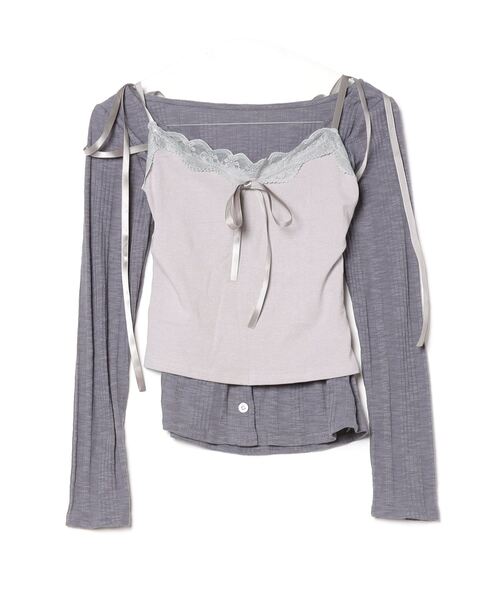 gossip！ロサンゼルス（ゴシップロサンゼルス）の「Y2K レースネックキャミ&2WAYボタンカーディガンSET（Tシャツ/カットソー・レディース・ブラック/グレー/ピンク・FREE）」の14枚目の写真