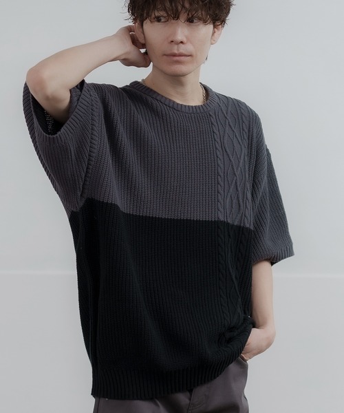 improves(インプローブス)の「コットン ケーブル切替 ビッグニット(ニット/セーター・メンズ・ホワイト/ピンク/ブラック系1/ベージュ/チャコール/ブラック系/ブラック/ホワイト系/グレー/グレー系・LARGE/MEDIUM)」の6枚目の写真