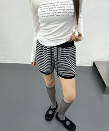 【ウエストゴム】 ストライプ 配色 バンディング ニット ショートパンツ