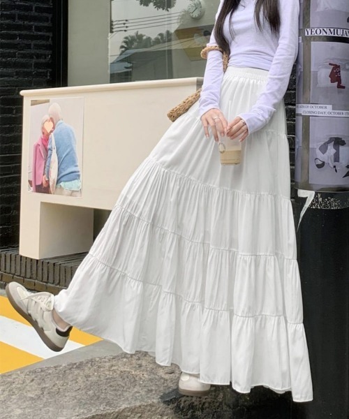 Miniministore（ミニミニストア）の「ティアードスカート 韓国風ロングスカート（スカート・レディース・ホワイト/ブラック・FREE）」の9枚目の写真
