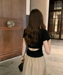 Y2Kガーリー*バックオープンショートスリーブTシャツ
