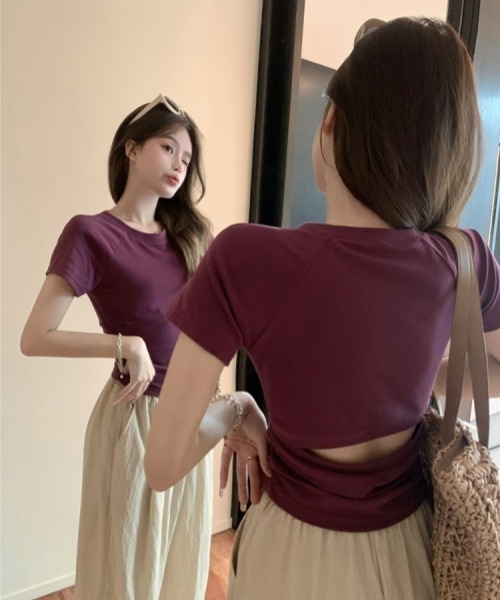 gossip!ロサンゼルス(ゴシップロサンゼルス)の「Y2Kガーリー*バックオープンショートスリーブTシャツ(Tシャツ/カットソー・レディース・ブラック/パープル・FREE)」の8枚目の写真