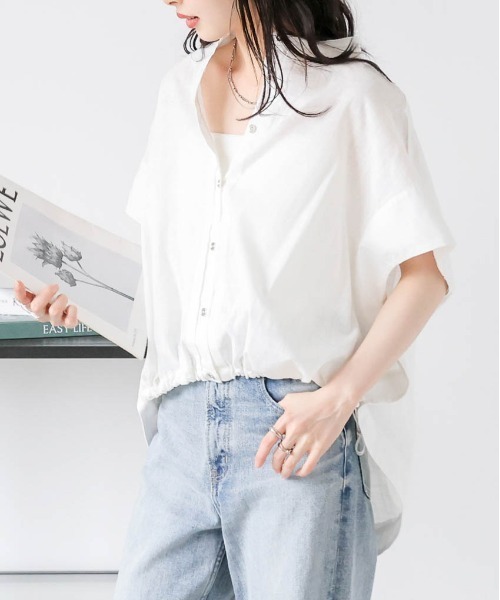 La-gemme(ラジェム)の「ドローストリングヘムシャツ(シャツ/ブラウス・レディース・ホワイト/ピンク/オリーブ/グレイッシュベージュ/ブラック・フリー)」の7枚目の写真