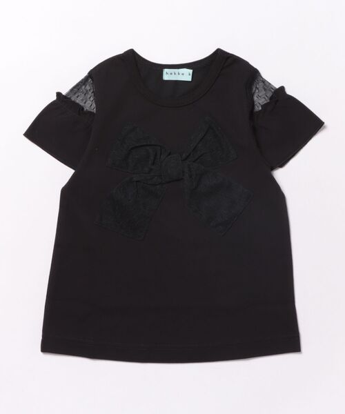 HAKKA KIDS(ハッカキッズ)の「袖チュール切替オフショルダーTシャツ(Tシャツ/カットソー・キッズ・ブラック/ホワイト・110cm/130cm/120cm)」の1枚目の写真